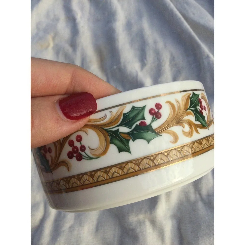 Vtg Mikasa trinket dish covered holiday‎ orchard Christmas pinecone apple gold
